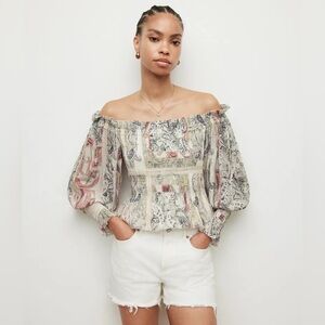 ALL SAINTS Lara Makutu Smocked Top Size 2 Long Sleeves Paisley Off the Shoulder